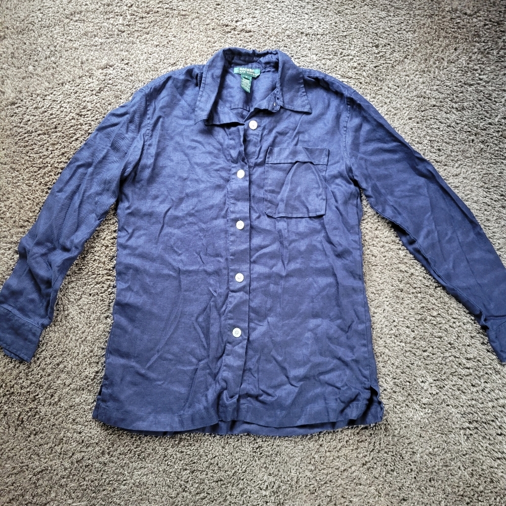 Lauren Ralph Lauren Navy Blue Linen Shirt Woman's Size Small Long Sleeve